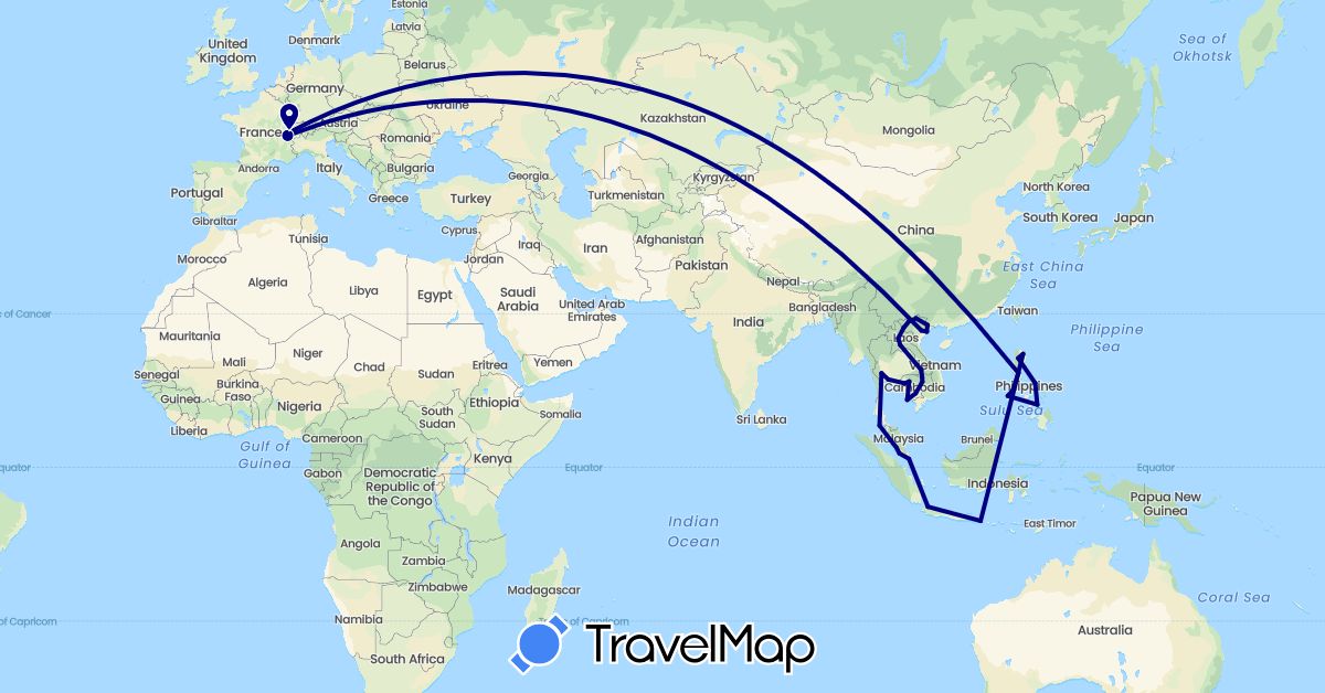 TravelMap itinerary: driving in Switzerland, Indonesia, Cambodia, Laos, Malaysia, Philippines, Singapore, Thailand, Vietnam (Asia, Europe)